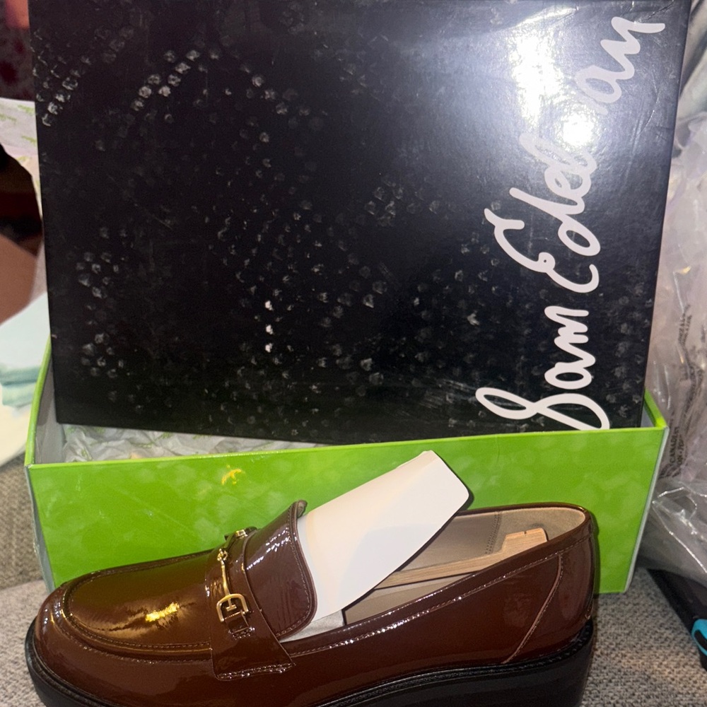 Sam Edelman Glossy Brown Loafers with Gold Accent